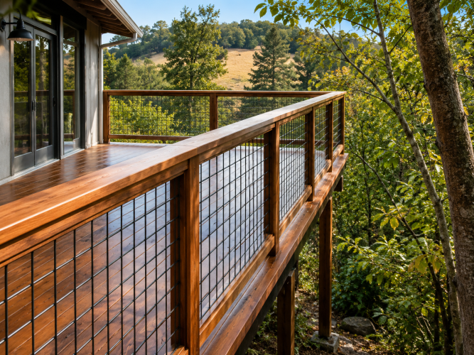 Redwood Deck with Modern Hog Wire Railings